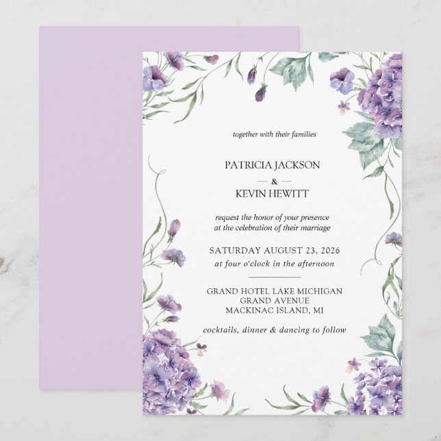 Purple Hydrangea Watercolor Floral Wedding Invitation (Front/Back)
