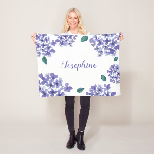 Purple hydrangea watercolor flower baby name fleece blanket (In Situ)