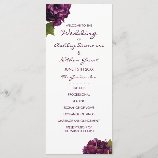 Purple Hydrangea Wedding Program (Front)