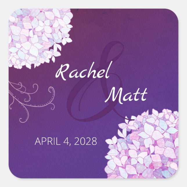 Purple Hydrangea Wedding Save the Date Square Sticker (Front)
