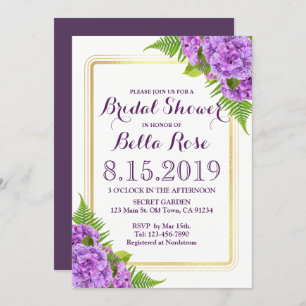 Purple Hydrangeas Faux Gold Bridal Shower Invite