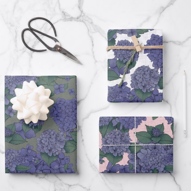 Purple Hydrangeas Gift Wrap - set of 3 (Front)