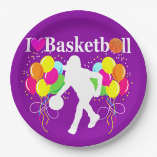 PURPLE I LOVE BASKETBALL PAPER PLATES