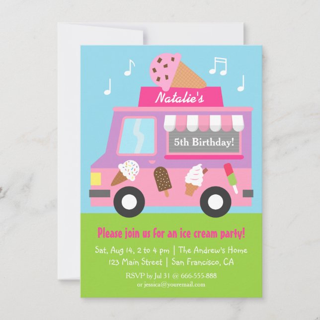 Purple Ice Cream Truck Birthday Party invitations (Front)