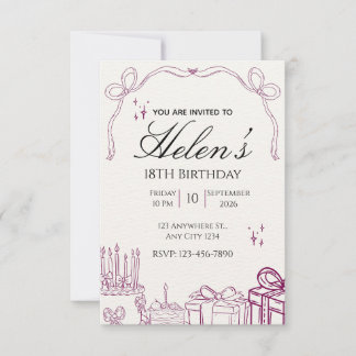 Purple Illustrated 18th Birthday  Invitation