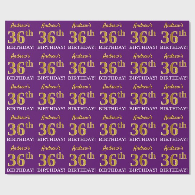 Purple, Imitation Gold Look "36th BIRTHDAY" Wrapping Paper (Flat)