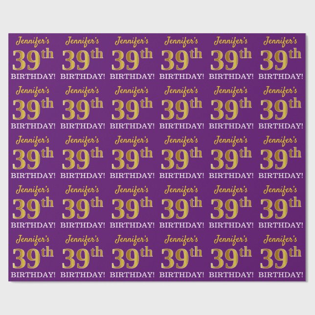 Purple, Imitation Gold Look "39th BIRTHDAY" Wrapping Paper (Flat)