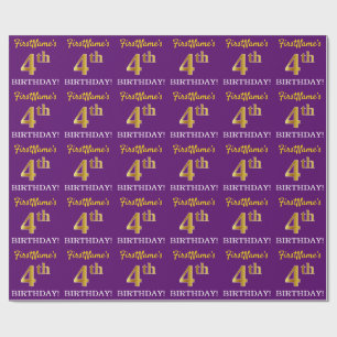 Purple, Imitation Gold Look "4th BIRTHDAY" Wrapping Paper