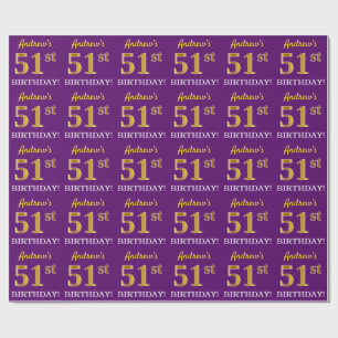 Purple, Imitation Gold Look "51st BIRTHDAY" Wrapping Paper