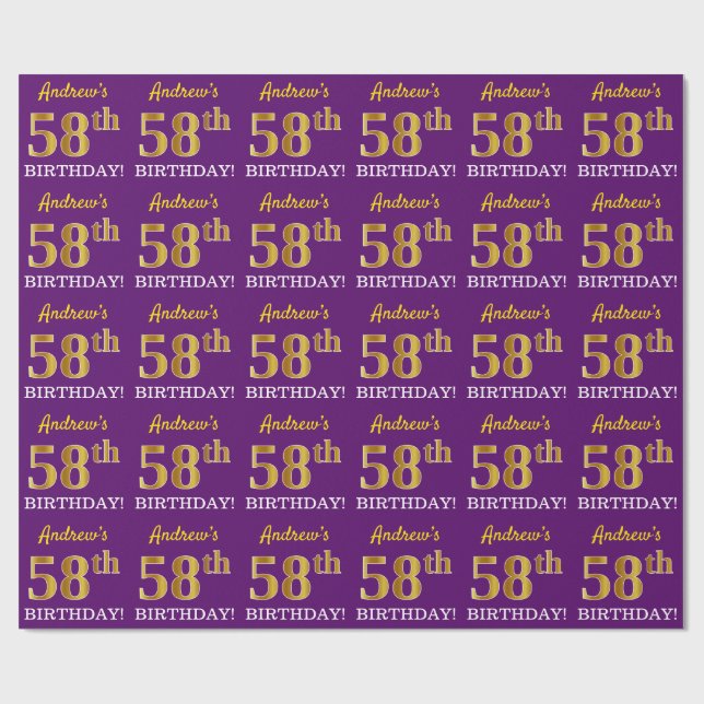 Purple, Imitation Gold Look "58th BIRTHDAY" Wrapping Paper (Flat)
