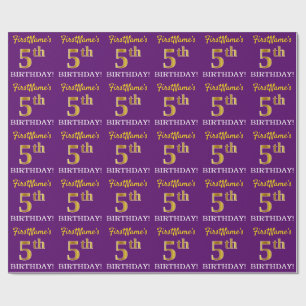 Purple, Imitation Gold Look "5th BIRTHDAY" Wrapping Paper