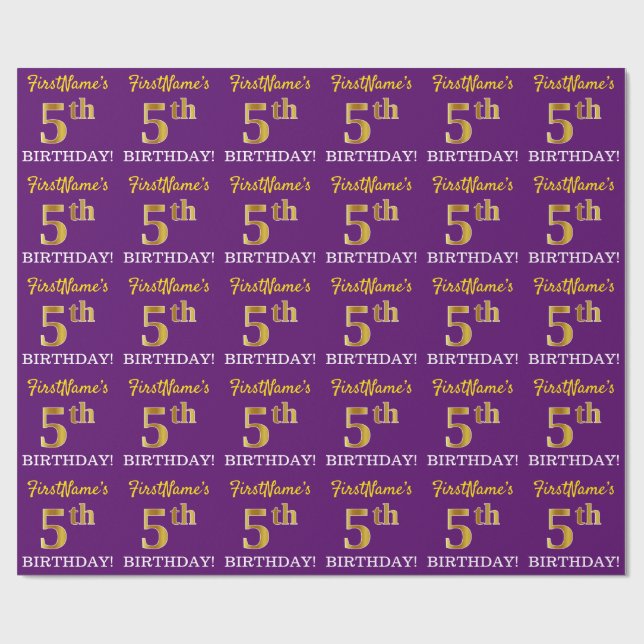 Purple, Imitation Gold Look "5th BIRTHDAY" Wrapping Paper (Flat)