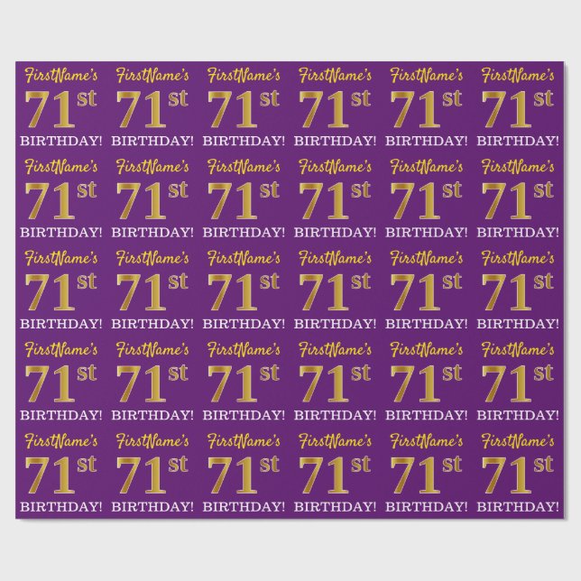 Purple, Imitation Gold Look "71st BIRTHDAY" Wrapping Paper (Flat)