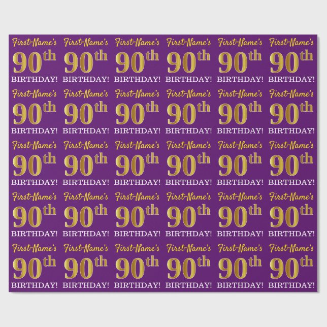 Purple, Imitation Gold Look "90th BIRTHDAY" Wrapping Paper (Flat)