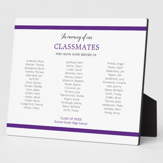 Purple In Memory Of Classmates Reunion Memorial Plaque (Side)