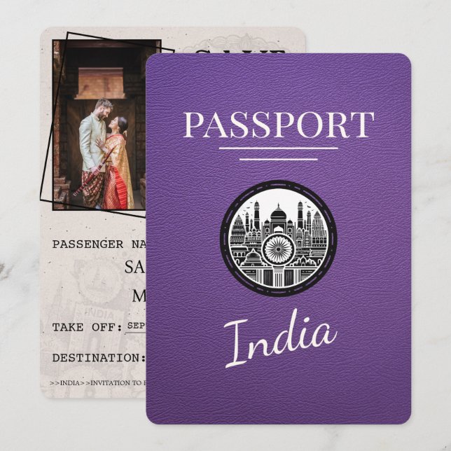 Purple India Passport Save The Date (Front/Back)