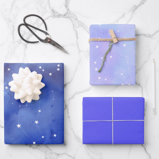 Purple Indigo Celestial Stars Wrapping Paper Sheet (Front)