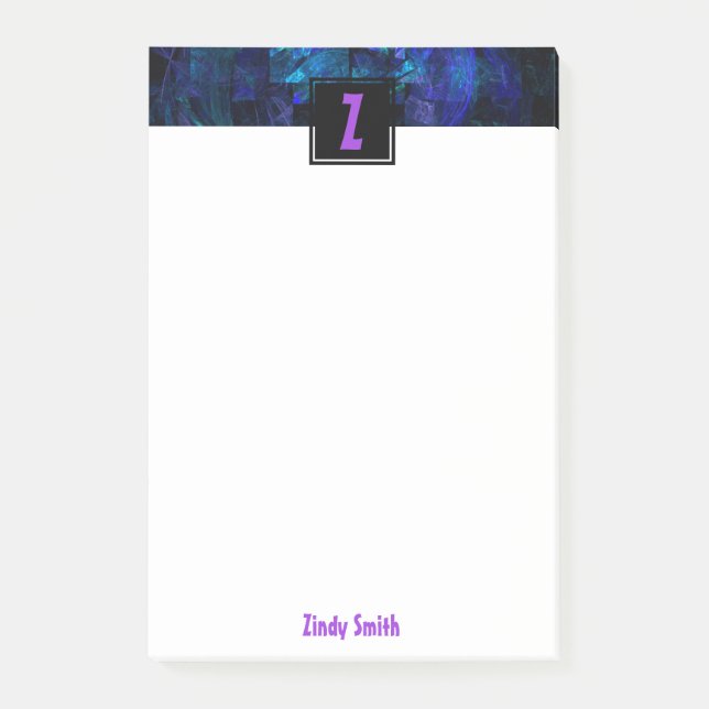 Purple Initial Letter Monogram Over Luminous Blue Post-it Notes (Front)