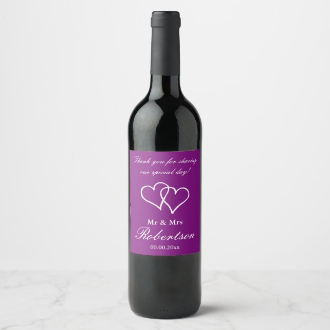 Purple interlocking hearts personalized wedding wine label (Front)
