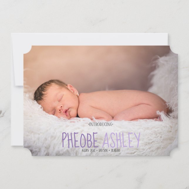 Purple Introducing Script Birth Announcement Card (Front)