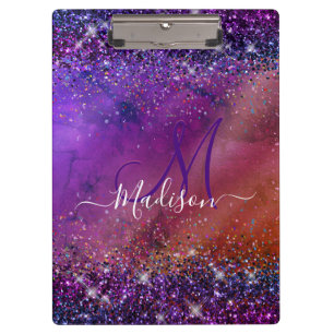 Purple iridescent brushed metal glitter monogram clipboard
