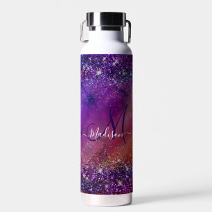 Purple iridescent brushed metal glitter monogram n water bottle