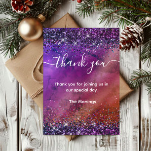 Purple iridescent brushed metal glitter thank you card