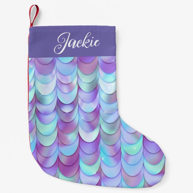 Purple Iridescent  Mermaid Scales Monogram  Small Christmas Stocking (Front)