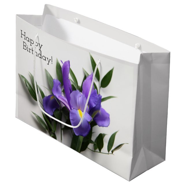 Purple iris arrangement large gift bag (Front Angled)
