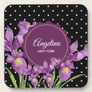 Purple Iris Botanical Black White Polka Dots Coaster