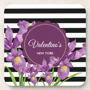 Purple Iris Botanical Black White Stripes Pattern Coaster