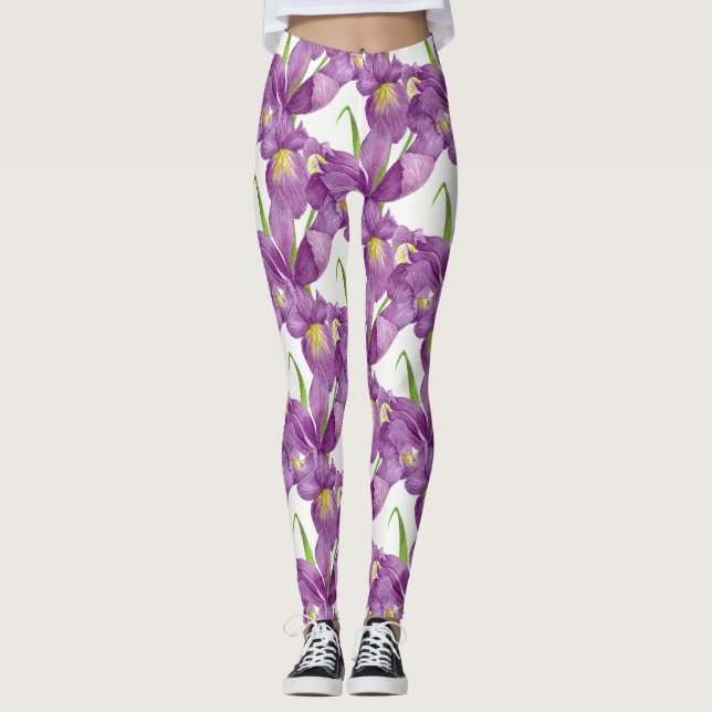 Purple Iris Botanical Floral Art Leggings (Front)