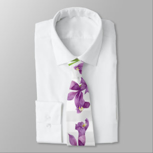 Purple Iris Botanical Floral Grey White Stripes Tie