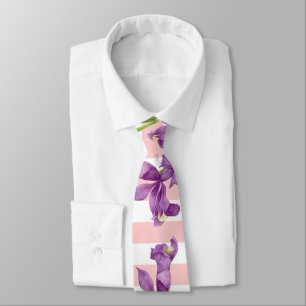 Purple Iris Botanical Floral Pink White Stripes Tie