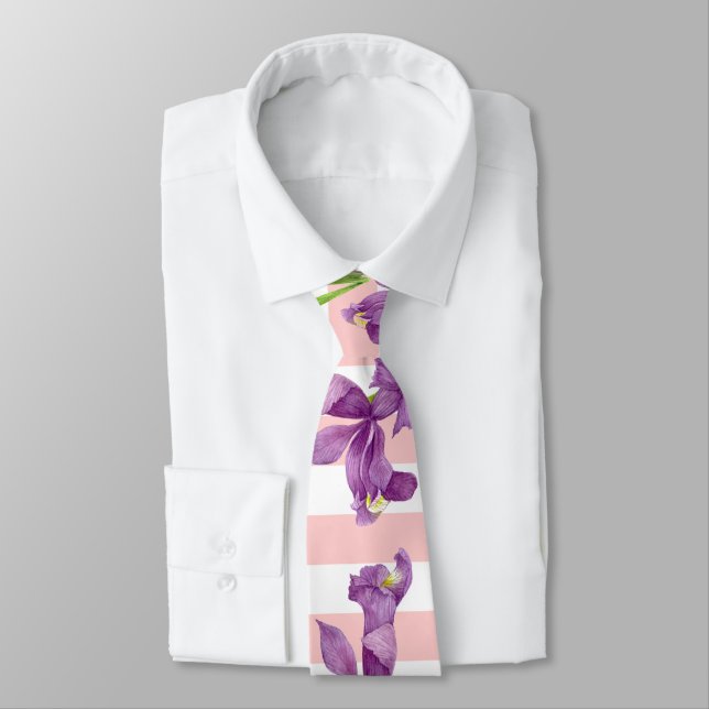 Purple Iris Botanical Floral Pink White Stripes Tie (Tied)