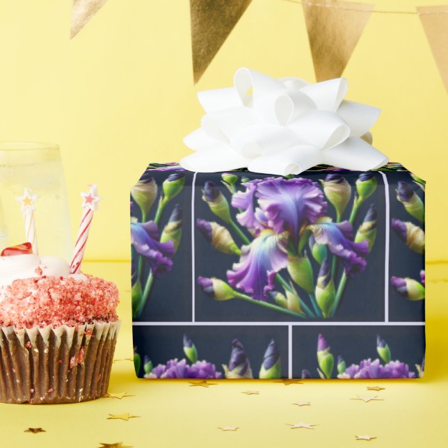 Purple Iris Bouquets On Black Wrapping Paper (Birthday Party)