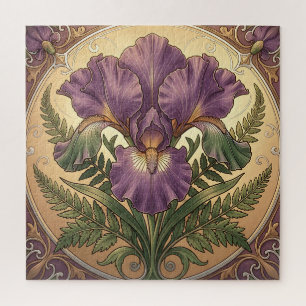 Purple Iris Flower Art Nouveau Ornate Frame Jigsaw Puzzle