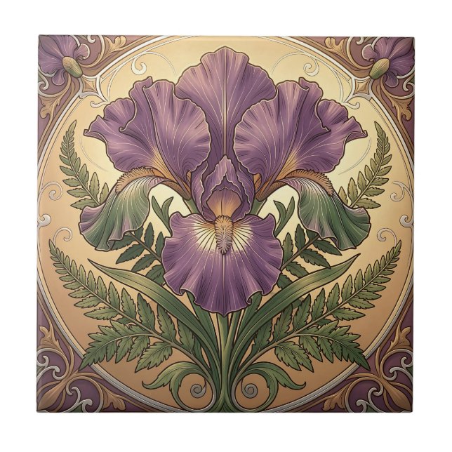 Purple Iris Flower Art Nouveau Ornate Frame Tile (Front)