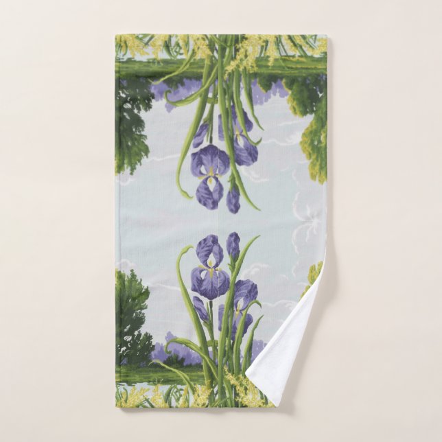 Purple Iris Flower + Green Field Botanical Art Hand Towel (Hand Towel)