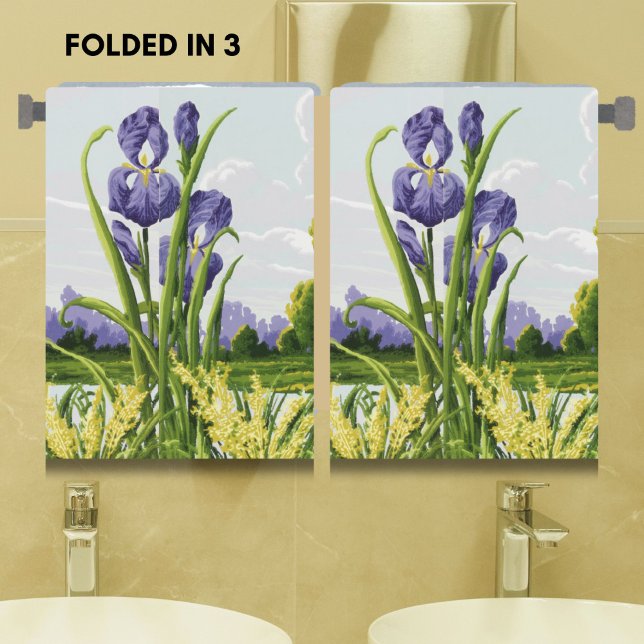 Purple Iris Flower + Green Field Botanical Art Hand Towel (Botanical elegance for your bathroom! Vintage iris and green field floral hand towels.)