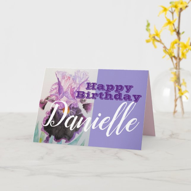 Purple Iris Flower Happy Birthday Womans Name Card (Yellow Flower)