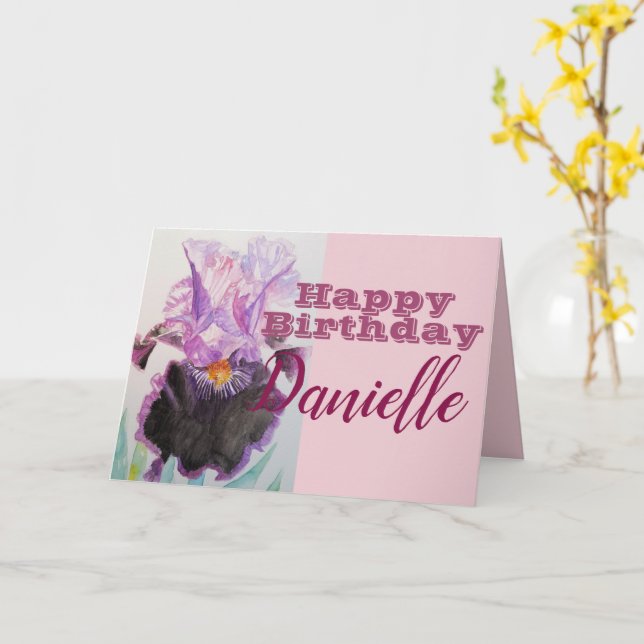 Purple Iris Flower Happy Birthday Womans Name Card (Yellow Flower)