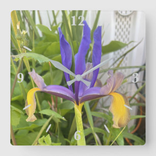 Purple Iris Flower Outdoor Garden Nature Photo Square Wall Clock
