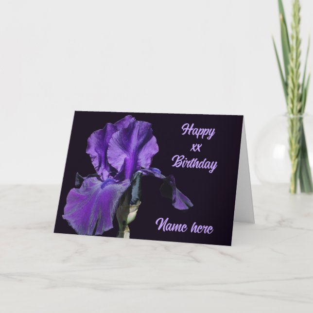 Purple Iris Flower Personalized Birthday Card (Front)