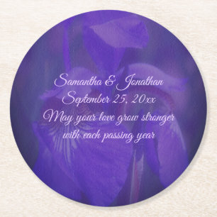 Purple Iris Flower Personalized Wedding Round Paper Coaster