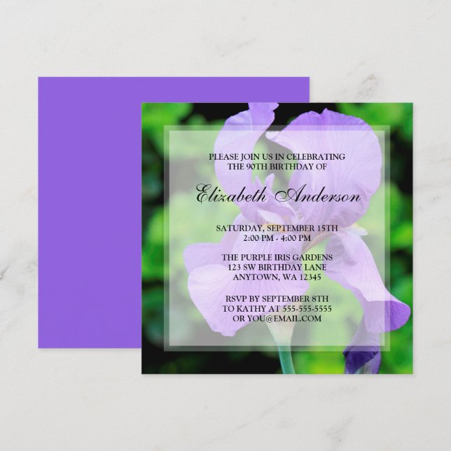 Purple Iris Flowers 90th Birthday Party Invitation (Front/Back)