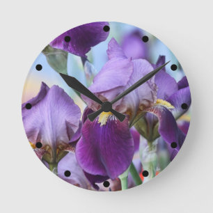 Purple Iris Flowers Round Clock