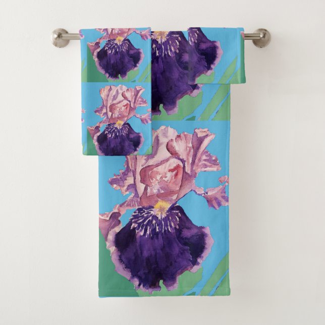 Purple Iris flowers Watercolor Teal Towel Set (Insitu)