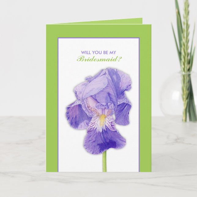 Purple Iris green Will You Be My Bridesmaid Card (Front)