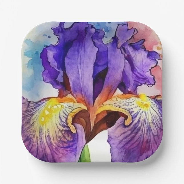 Purple Iris in Watercolor Paper Plate (Front)